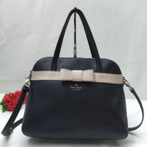 Kate Spade New York Black Leather Bow Domed Double Handles Zipper Satchel Bag